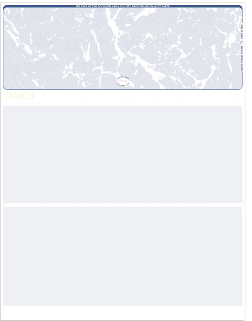 Standard 8.5 by 11 inch check paper format showing one check at top with ledger space below, featuring security background pattern and MICR line