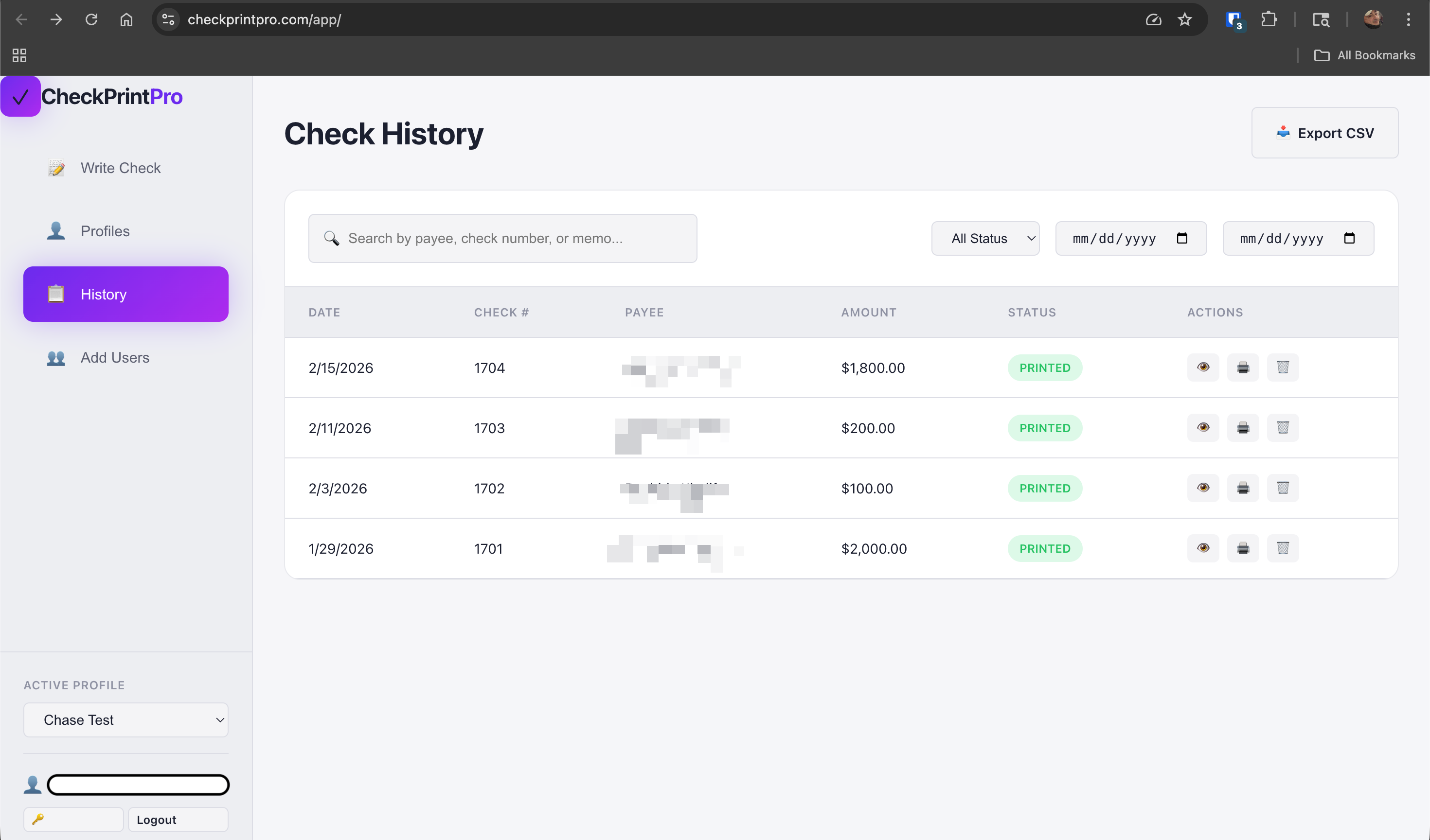 CheckPrintPro check history with search and export