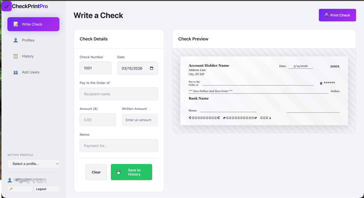 CheckPrintPro write a check screen with live preview